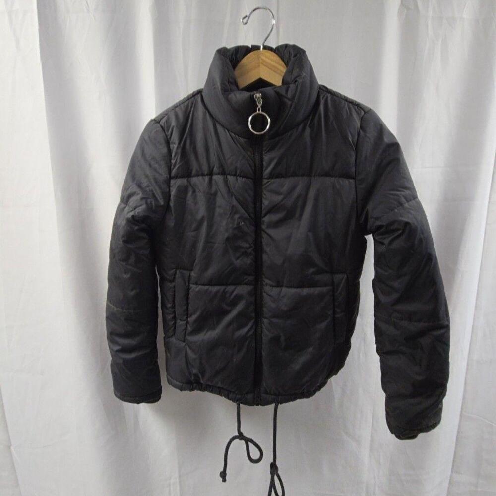 Arizona Jean Co Jacket Youth Small Black Short Puffer Drawstring Hem Zip Pockets